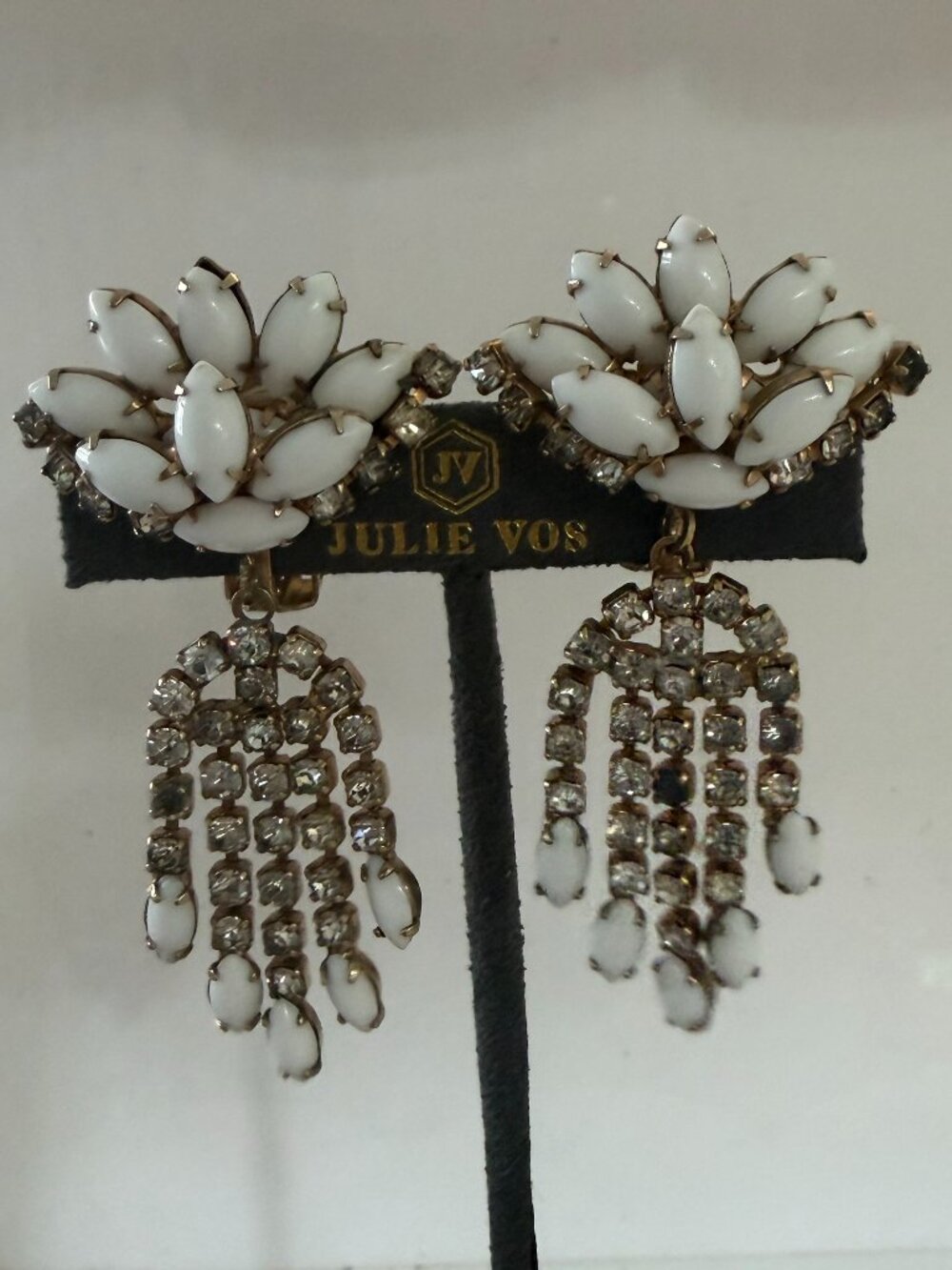 Vintage Gold Tone, Milk Glass & Rhinestone Dangle Clip Earrings